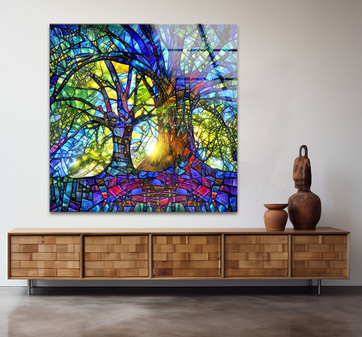 Blue Life of Tree Glass Wall Pictures & Cool Art Decor