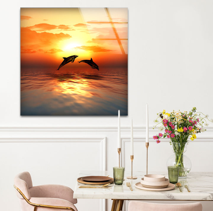 Mesmerizing ocean sunset art with dolphins jumping amidst vibrant colors.
