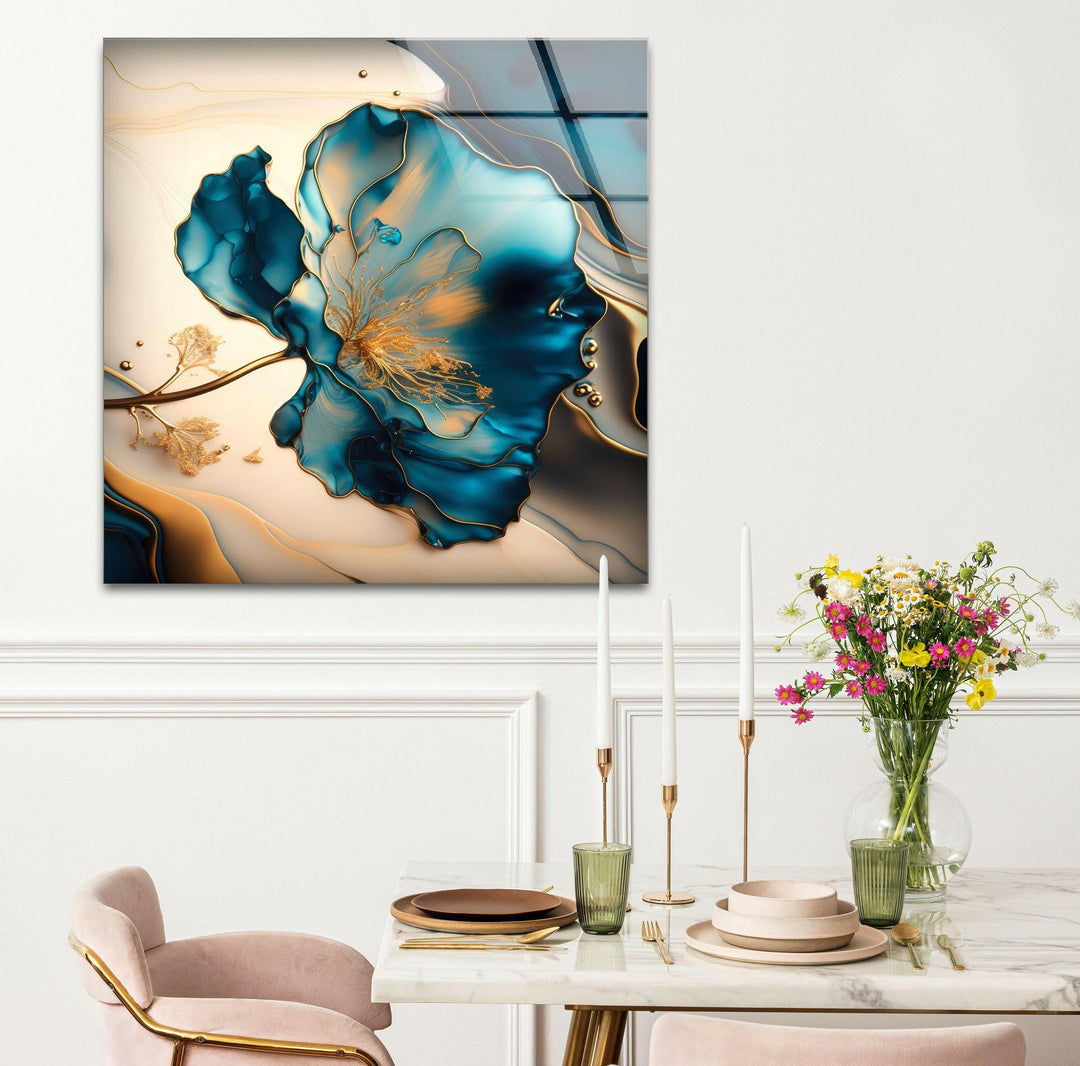 Blue Marble Flower Glass Wall Art, photo print on glass, prints on glass wall art