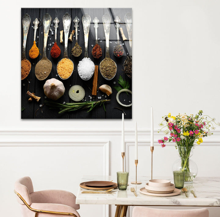 Rustic Spoons On Spices Glass Wall Art, glass pictures for Wall, glass prints wall art