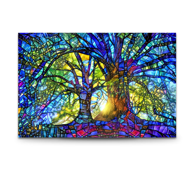 a painting of a tree in a stained glass window