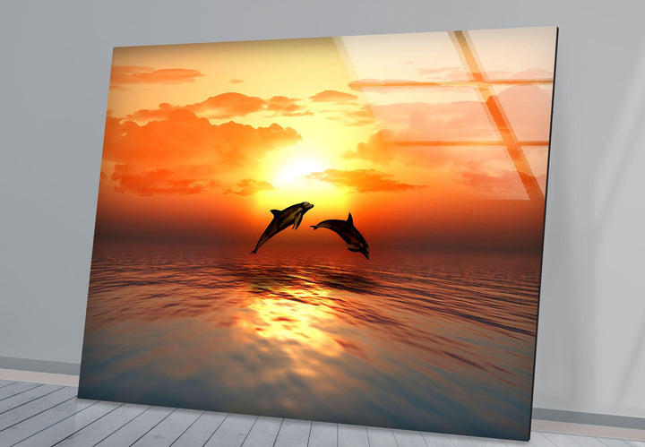 A captivating ocean sunset with dolphins gracefully swimming in the serene waters.
