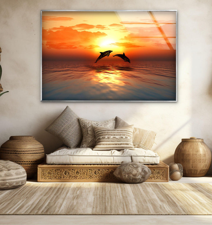 Breathtaking ocean sunset, with dolphins dancing in the golden light of dusk.
