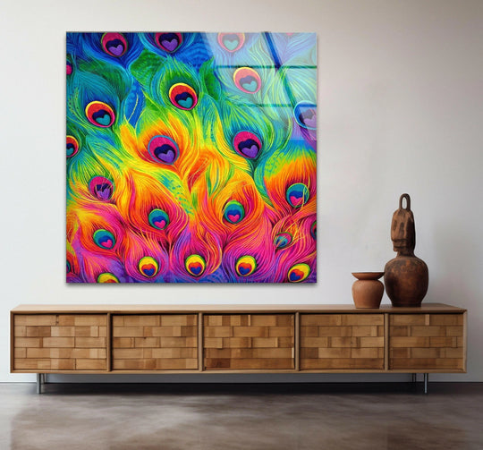Vibrant glass wall art decor showcases striking color contrast with its rainbow-hued peacock feathers.