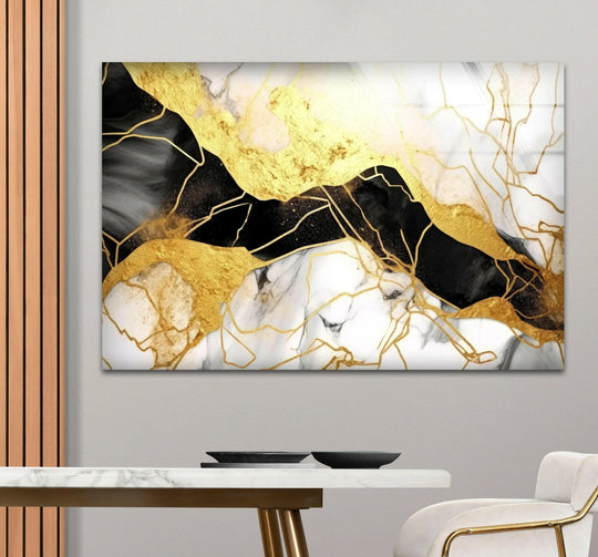 Abstract glass wall artwork featuring a dynamic gold and black marble whirlpool design.