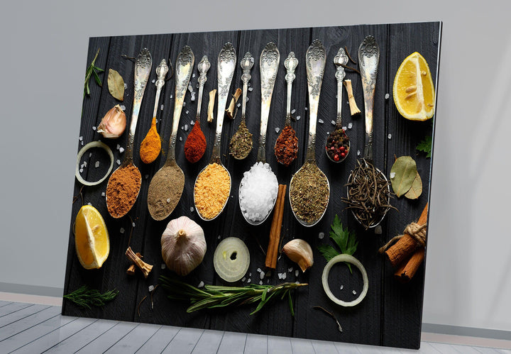 Rustic Spoons On Spices Glass Wall Art, glass photo prints, glass picture prints