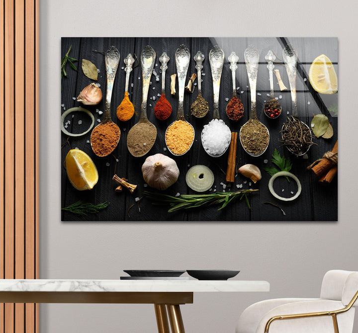 Rustic Spoons On Spices Glass Wall Art, glass wall decor, glass wall art decor