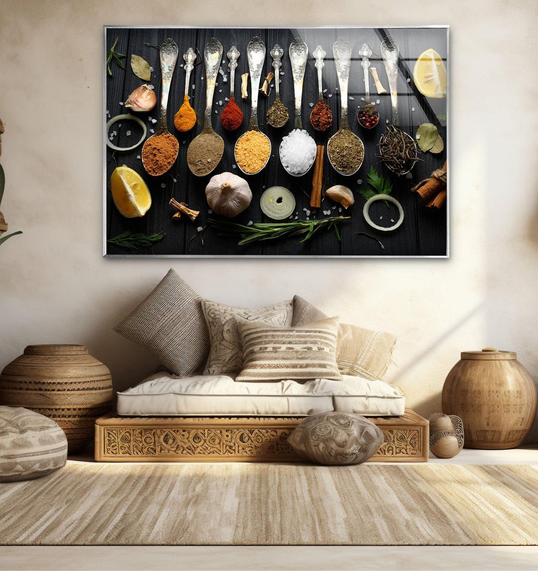 Rustic Spoons On Spices Glass Wall Art, glass image printing, glass prints from photos