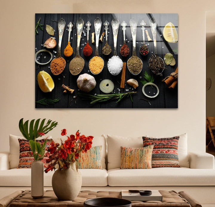 Rustic Spoons On Spices Glass Wall Art, custom glass pictures, glass art prints