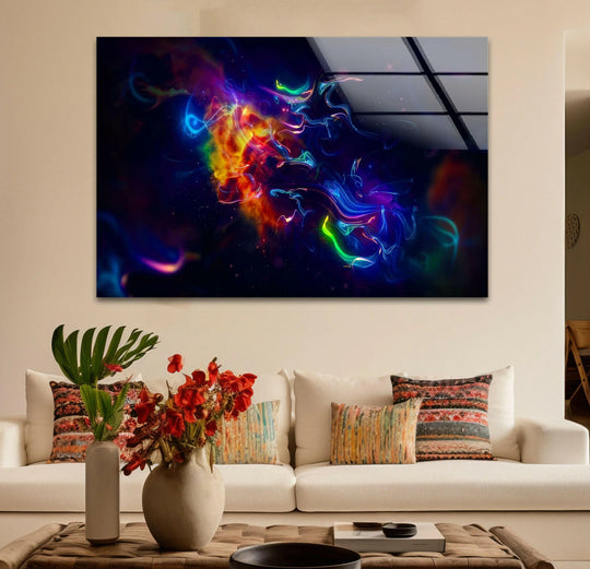 A high-gloss glass art painting showcases vibrant cosmic energy with a smooth, reflective surface texture.