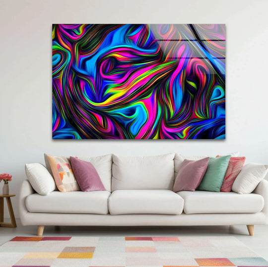 Flowing neon colors create a sense of dynamic movement in this stunning glass printing.
