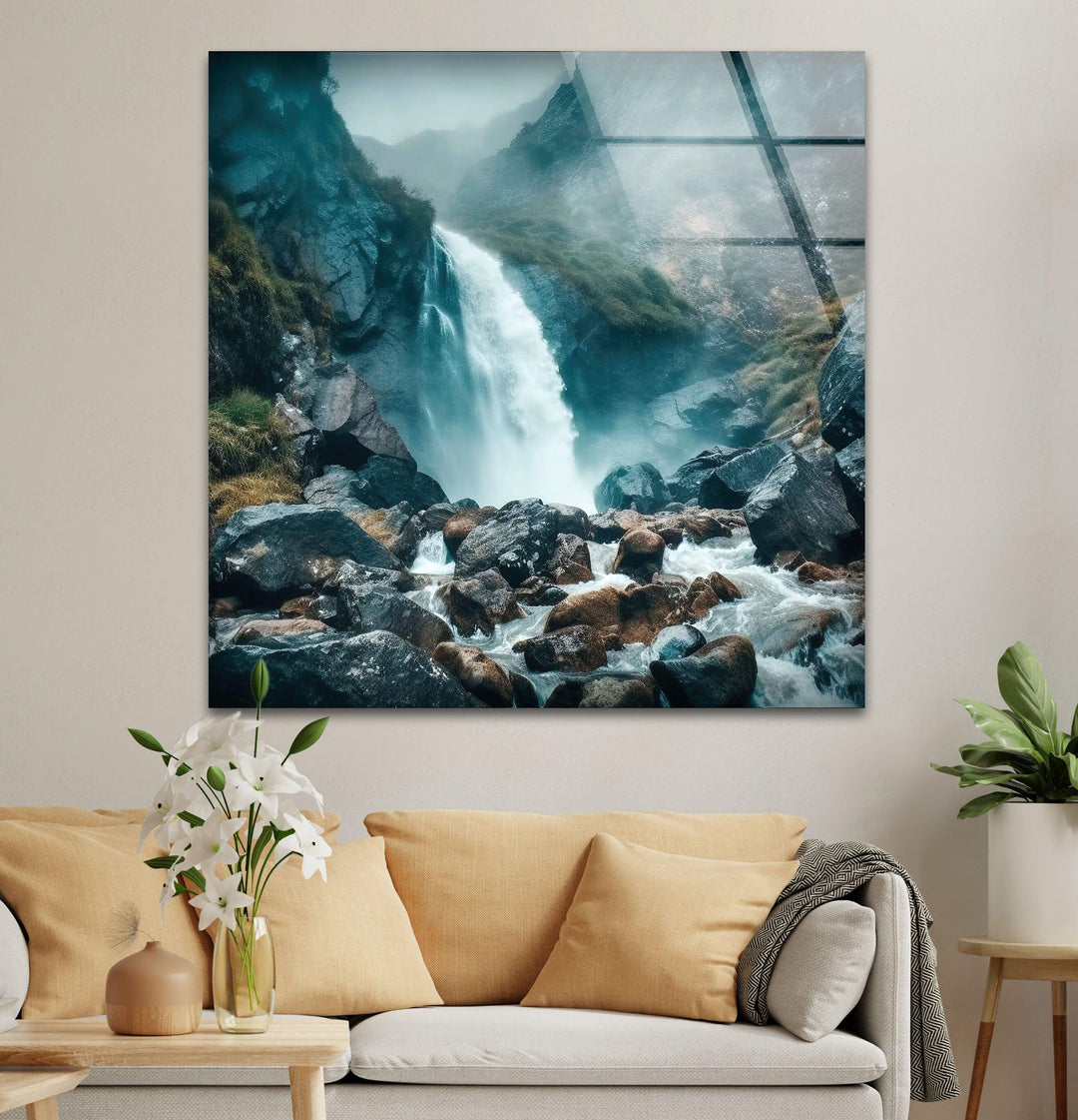 Captivating waterfall surrounded by mist and rocky terrain, perfect for nature lovers’ decor.
