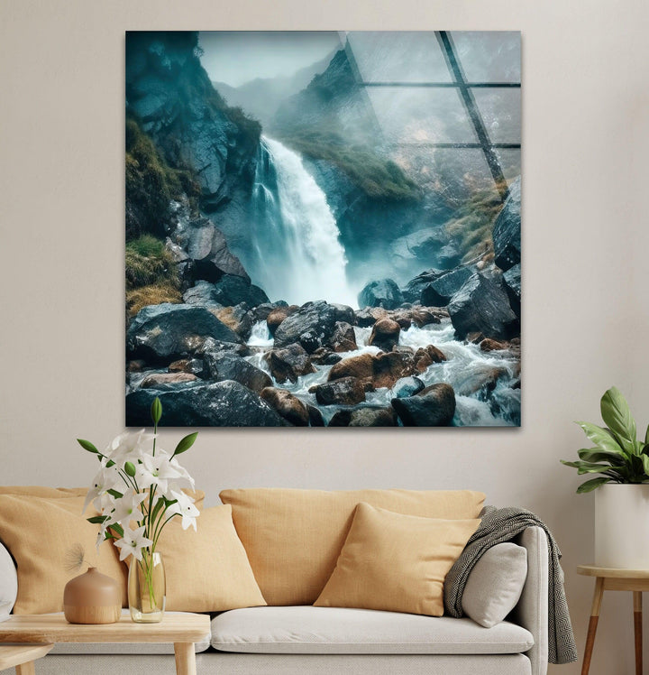 Captivating waterfall surrounded by mist and rocky terrain, perfect for nature lovers’ decor.

