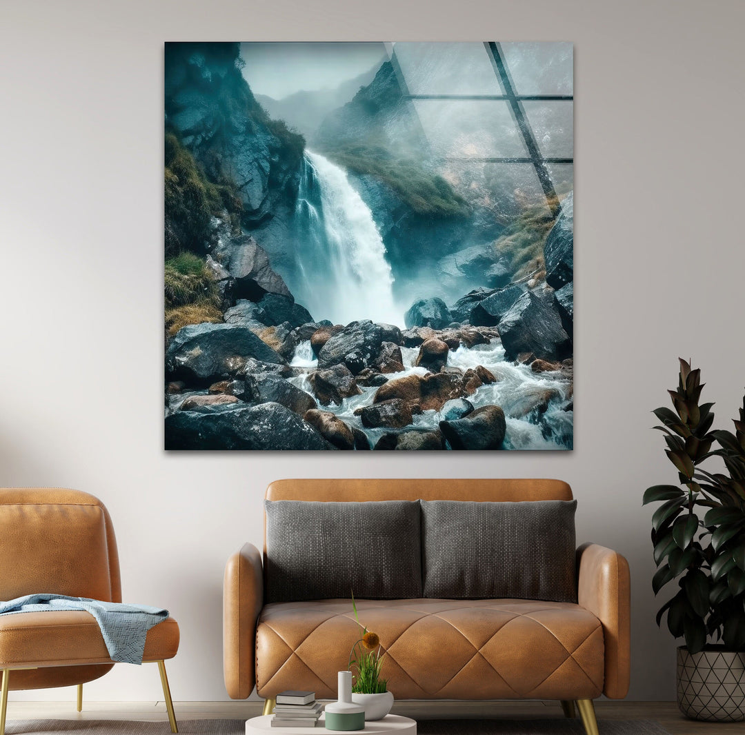 Serene nature scene of a majestic waterfall shrouded in mist, an elegant glass wall art piece.
