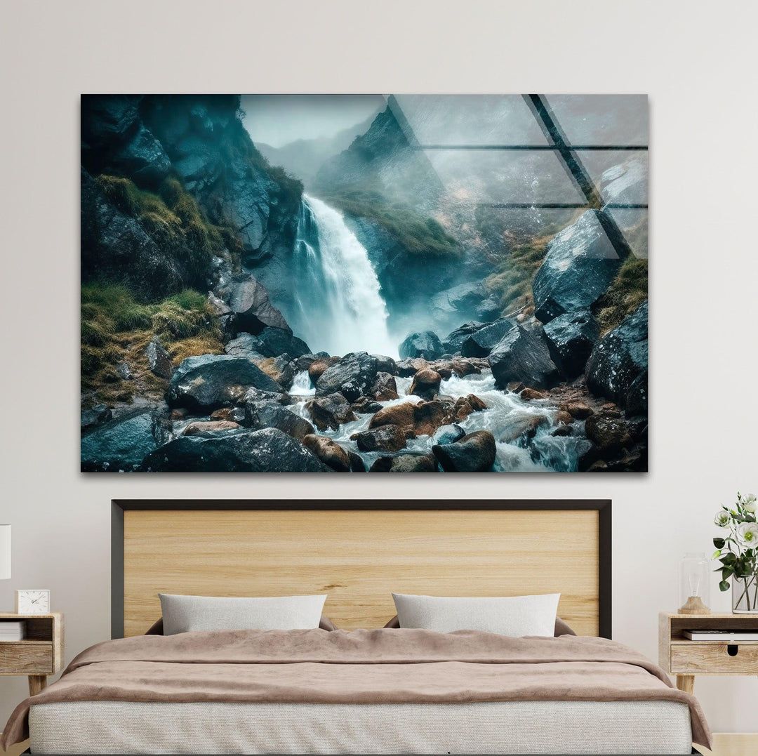 Relaxing nature-inspired wall art featuring a waterfall in the mist, printed on durable glass.
