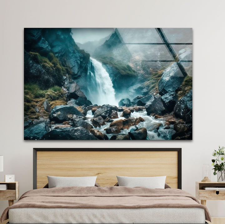 Relaxing nature-inspired wall art featuring a waterfall in the mist, printed on durable glass.

