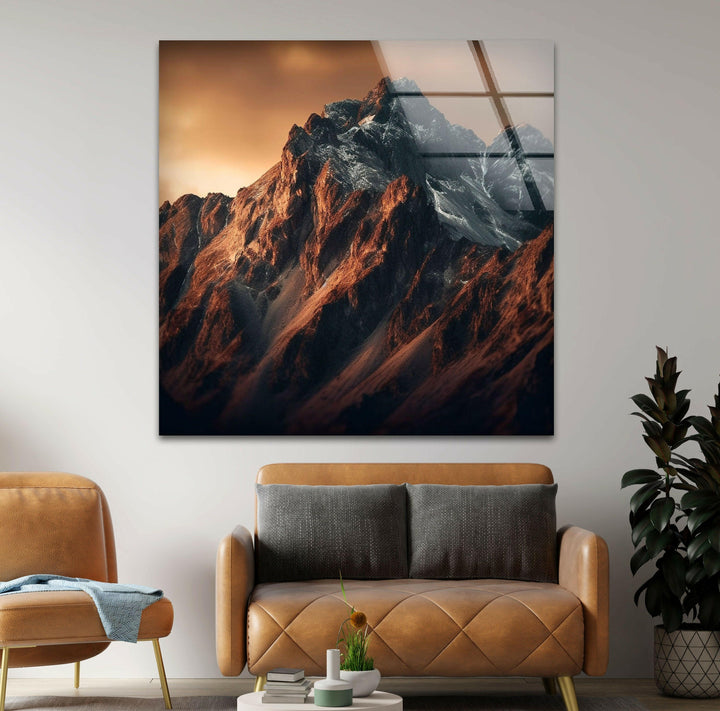 Powerful and majestic mountain peaks showcased in this breathtaking glass wall art.
