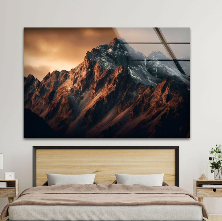 A serene, majestic mountain range captured in stunning glass art, ideal for modern spaces.
