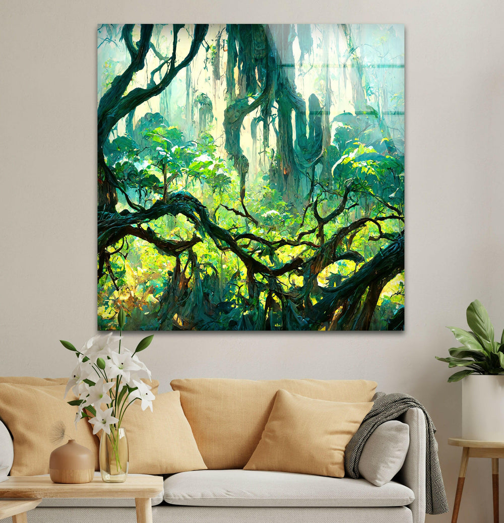Lush forest art with glowing trees, printed on glass to enhance any room's ambiance.
