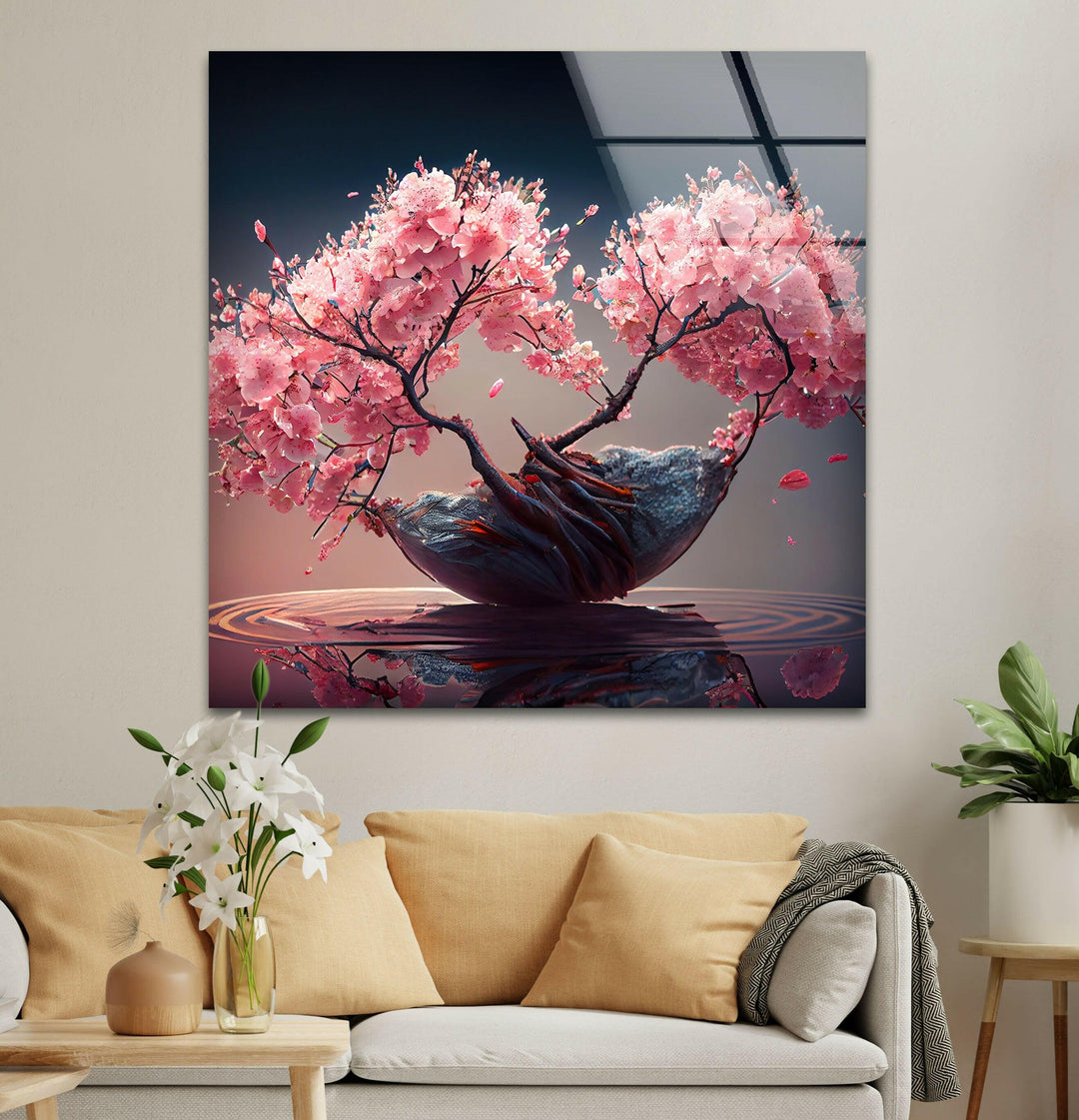Japanese Abstract Pink Blossom Tree Glass Wall Art, glass image printing, glass prints from photos
