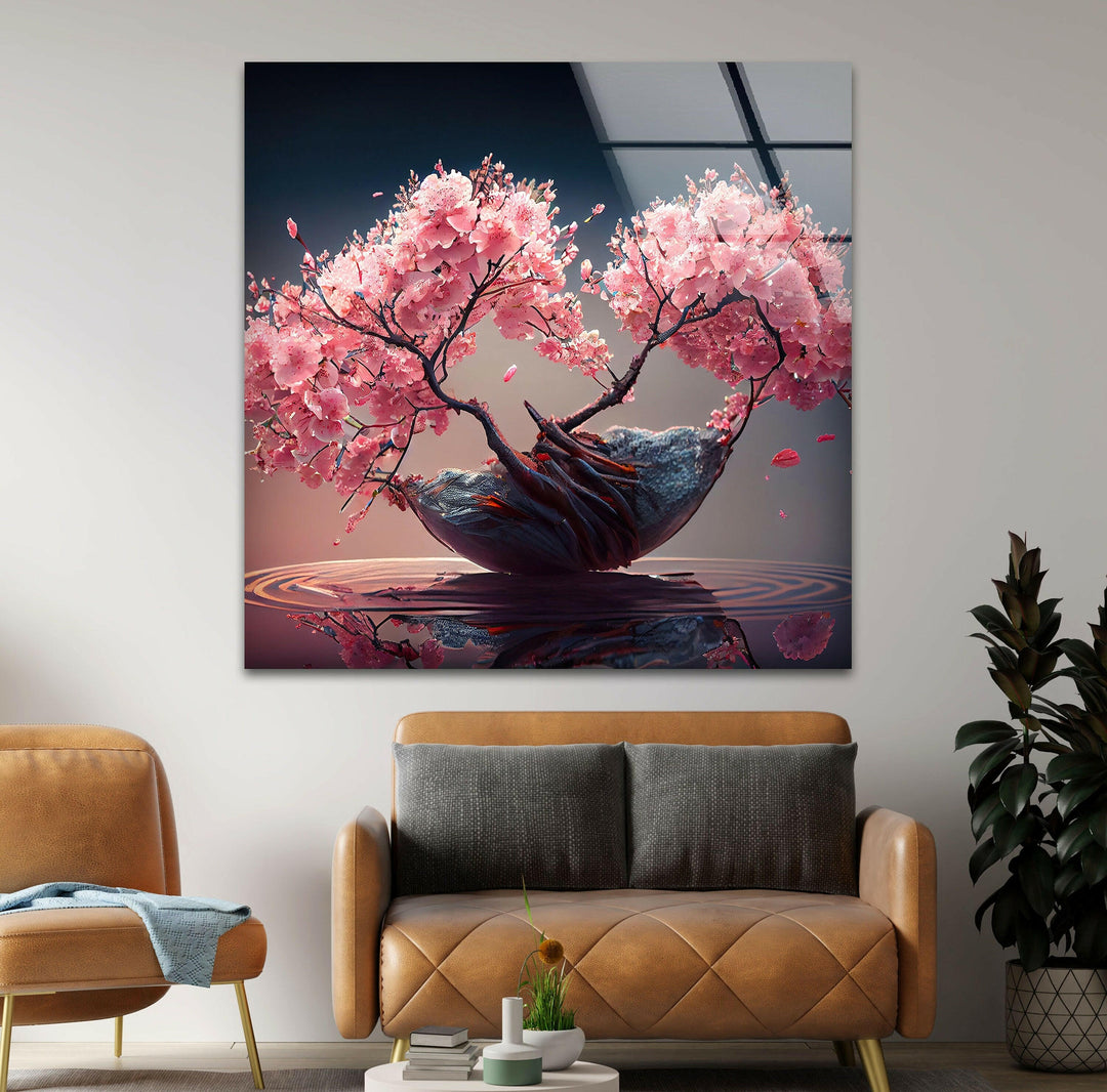 Japanese Abstract Pink Blossom Tree Glass Wall Art, custom glass pictures, glass art prints