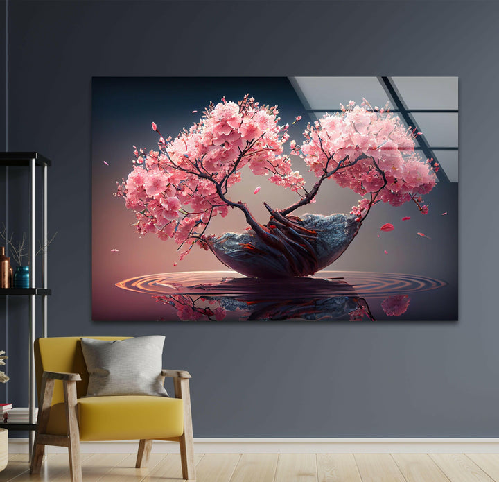 Japanese Abstract Pink Blossom Tree Glass Wall Art, photo print on glass, prints on glass wall art