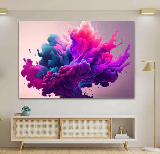 Vibrant purple and blue smoke explodes across this large abstract canvas art, creating a dynamic focal point.