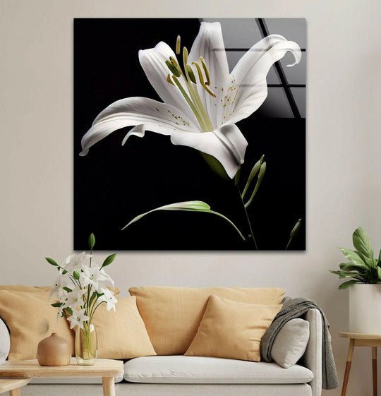 The stillness of the lily is captured in this glass wall art prints, a solitary, stunning floral piece reflecting peaceful elegance.