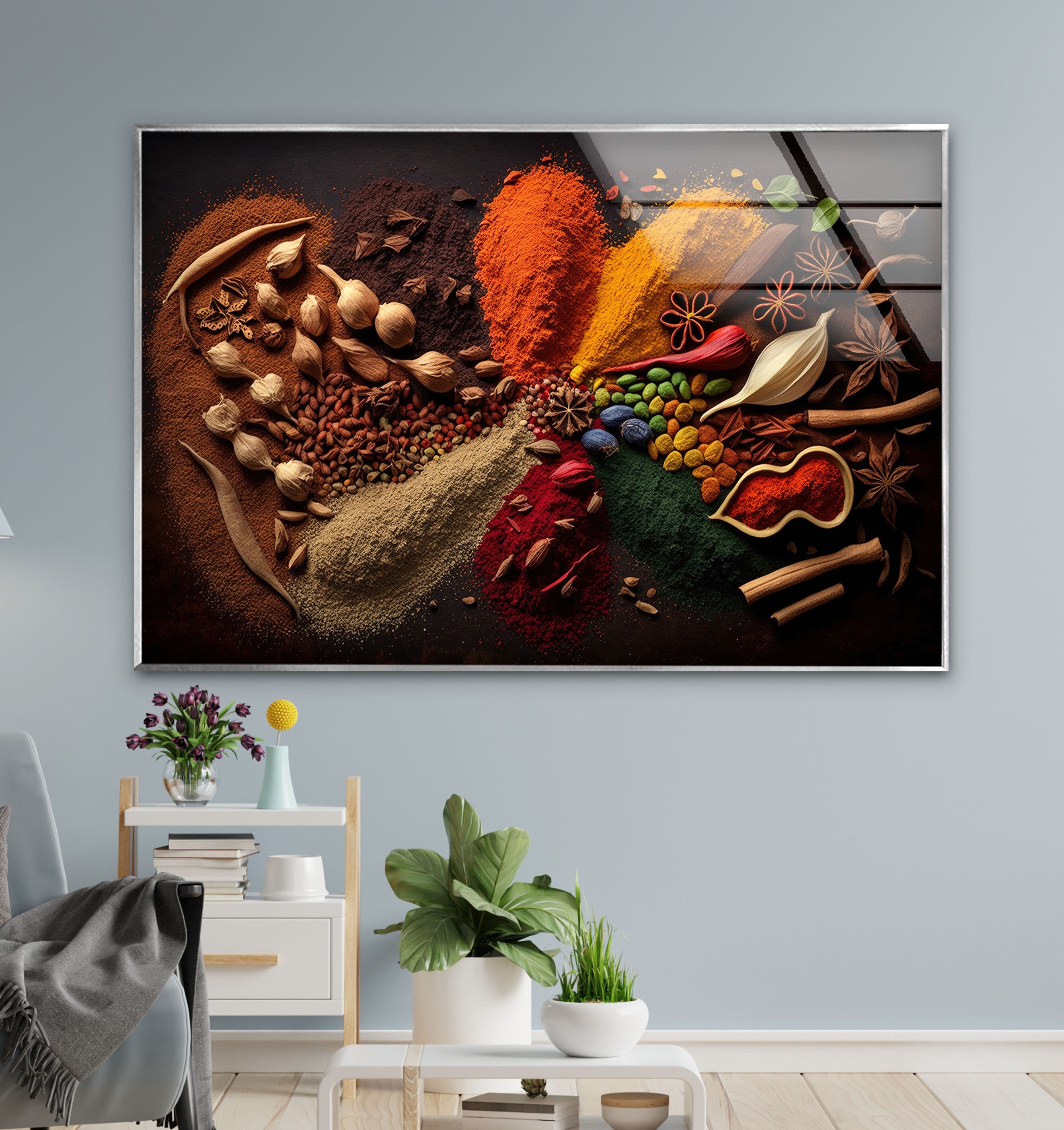 a picture of spices on a wall above a chair