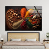 a picture of spices on a wall above a bed