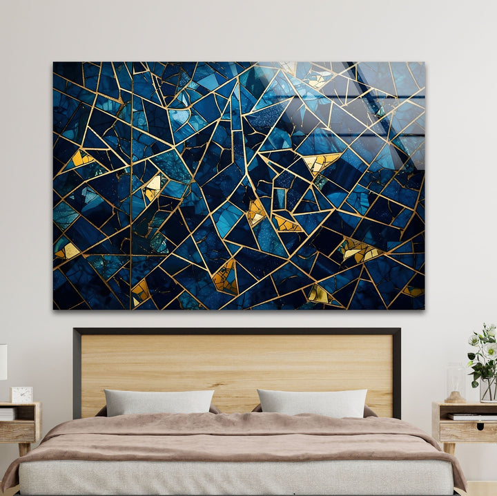 Stained Blue Geometric Glass Wall Art glass pictures for Wall, glass prints wall art