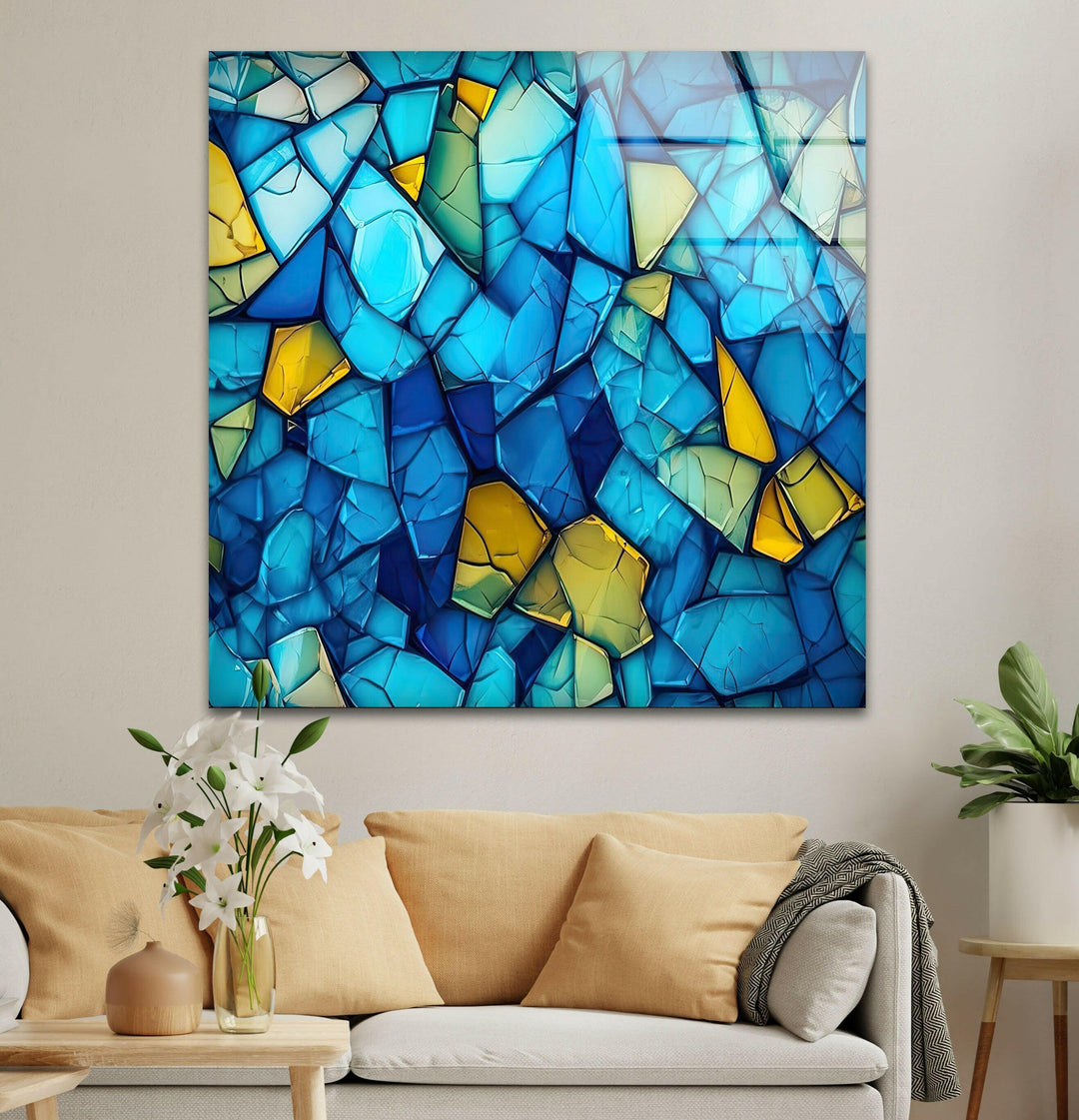 Mosaic Blue & Yellow Glass Wall Art print picture on glass, Tempered Glass Wall Art