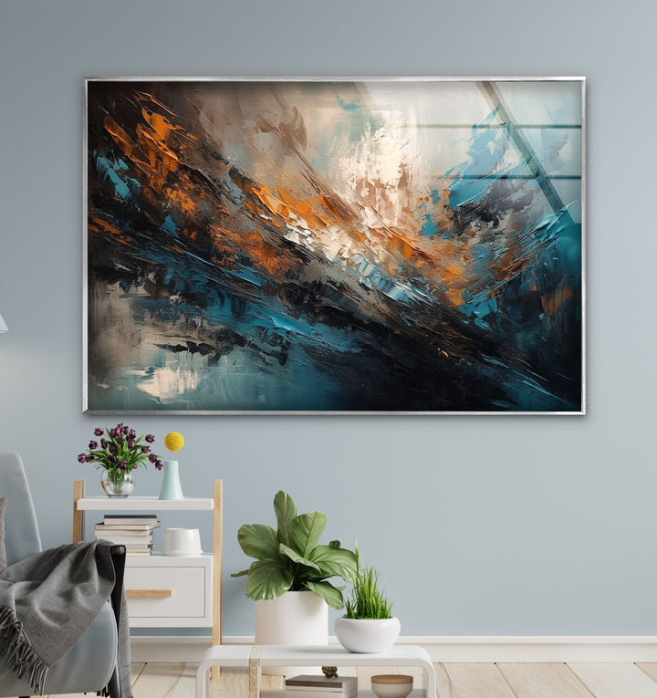 Blue & Orange Painting Glass Wall Art glass image printing, glass prints from photos