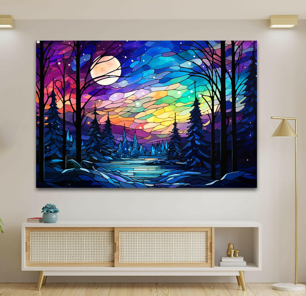 Winter forest in stained glass style, bringing a beautiful, colorful touch to your living space.
