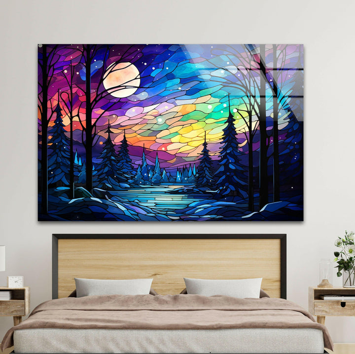 Winter landscape with vibrant stained glass details, bringing natural beauty and color to your walls.
