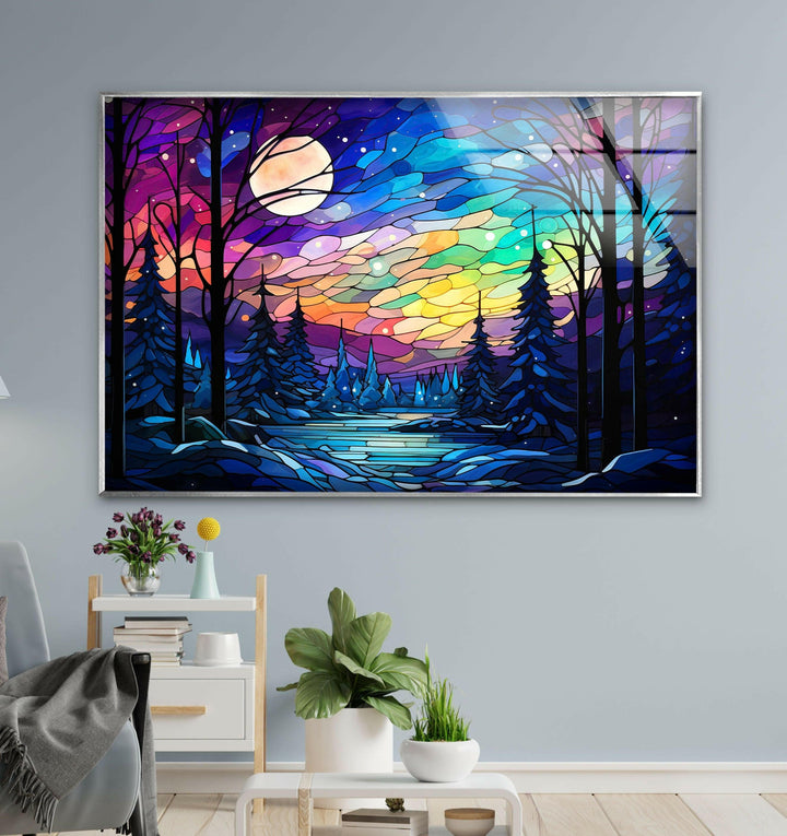 Colorful stained glass artwork of a winter forest, adding a pop of color and tranquility to your decor.
