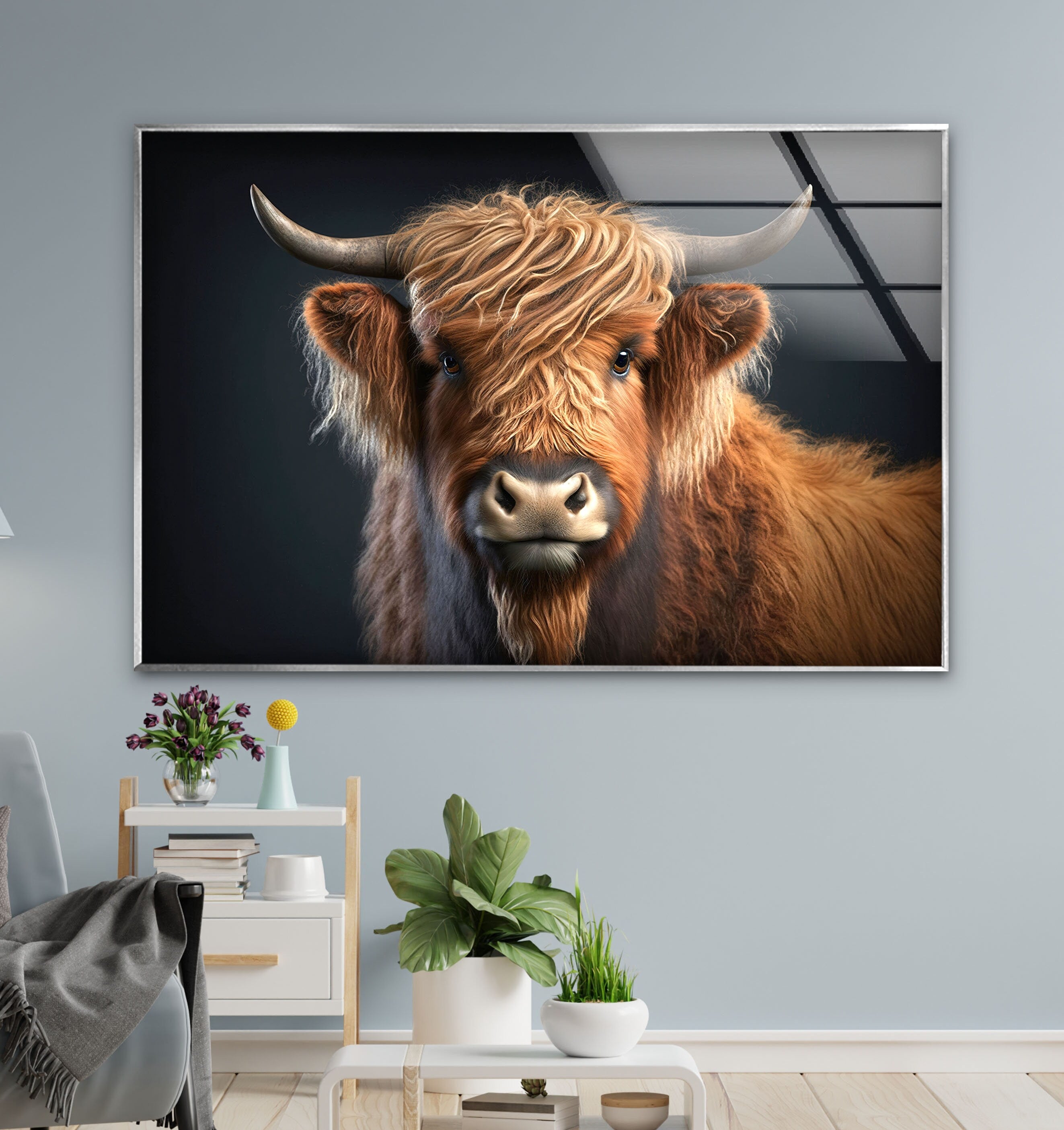 a painting of a brown cow with long hair
