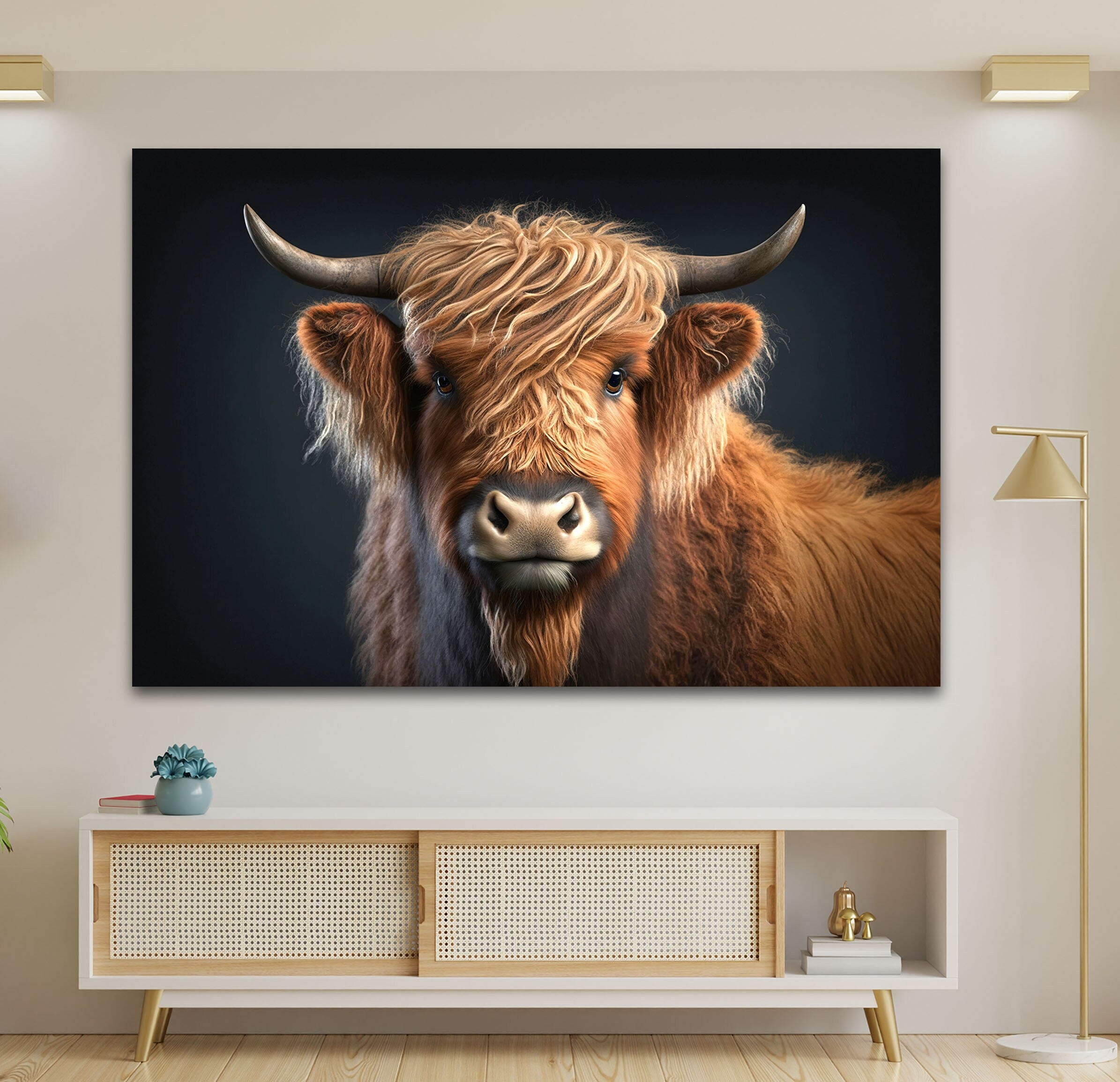 a brown cow with long hair standing in a living room
