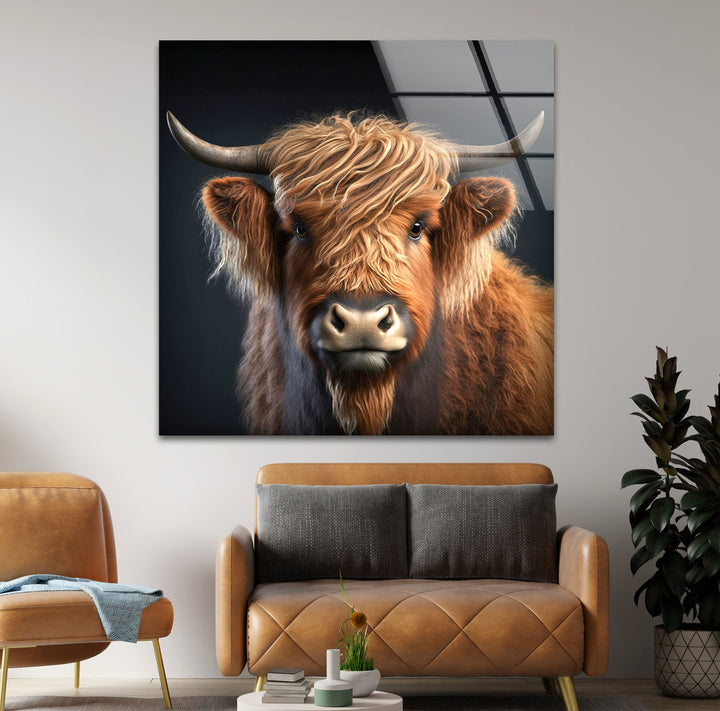 Scottish Cow Portrait Glass Wall Art print picture on glass, Tempered Glass Wall Art
