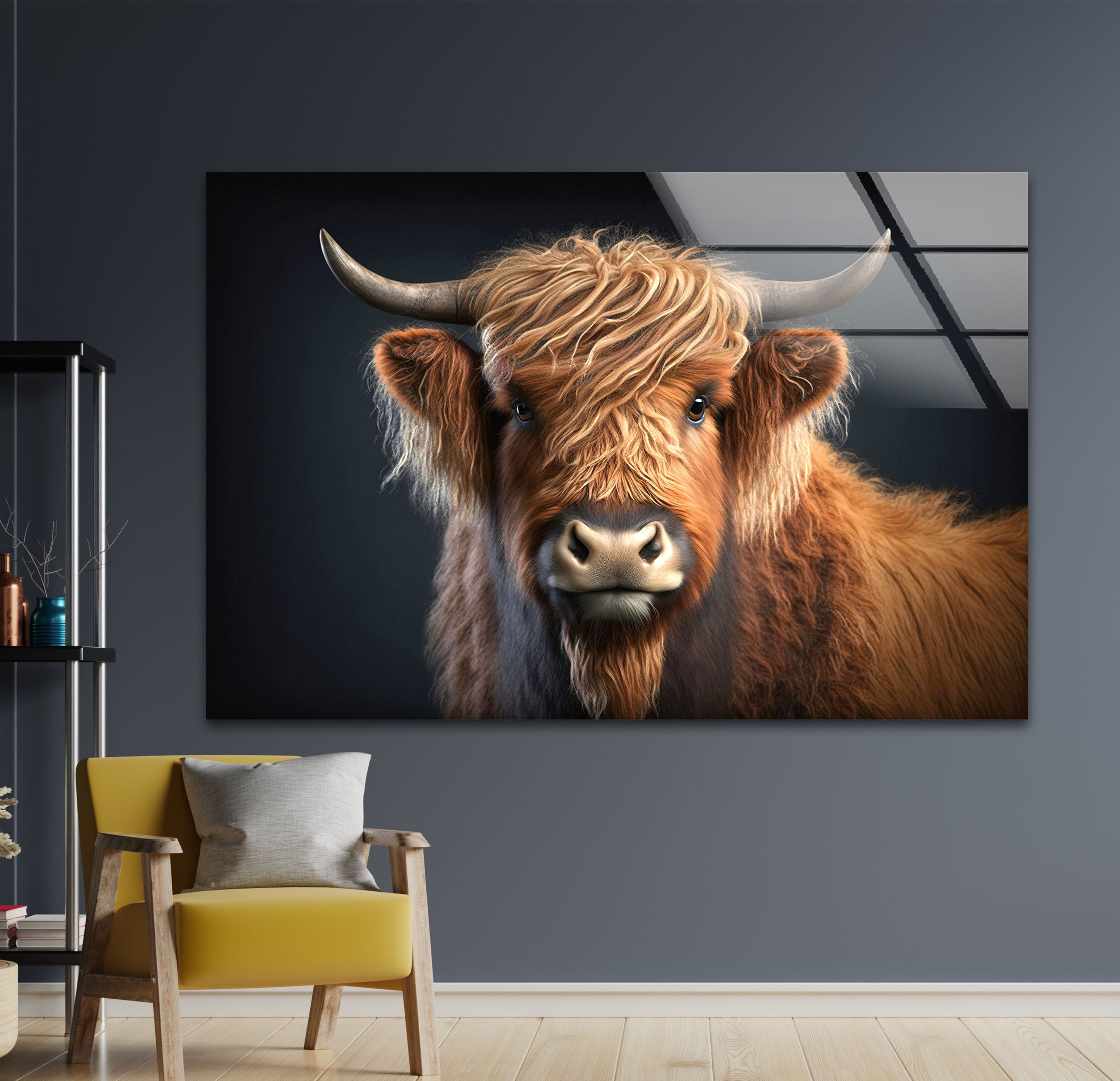 a painting of a brown cow with long hair