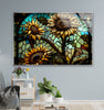 a painting of sunflowers on a blue wall
