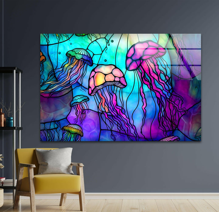 Colored Jellyfish Glass Wall Art custom glass photo prints, large glass prints