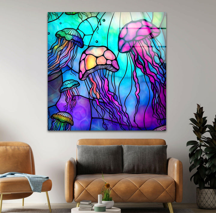 Colored Jellyfish Glass Wall Art picture on glass wall art, photos printed on glass