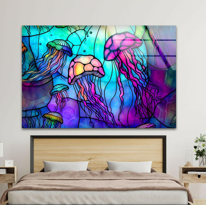 Colored Jellyfish Glass Wall Art print picture on glass,Tempered Glass Wall Art