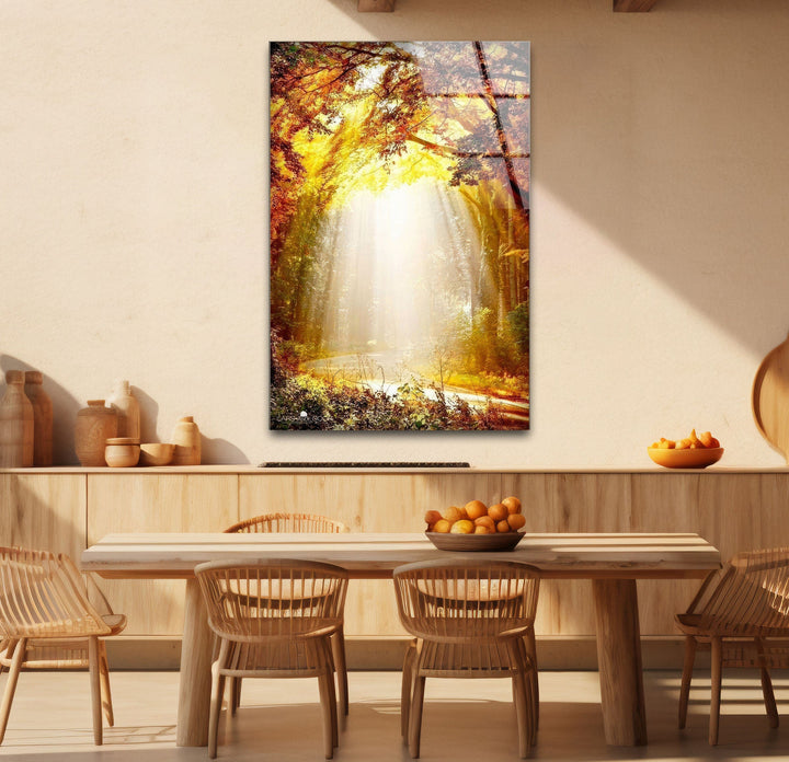 a dining room table with chairs and a painting on the wall