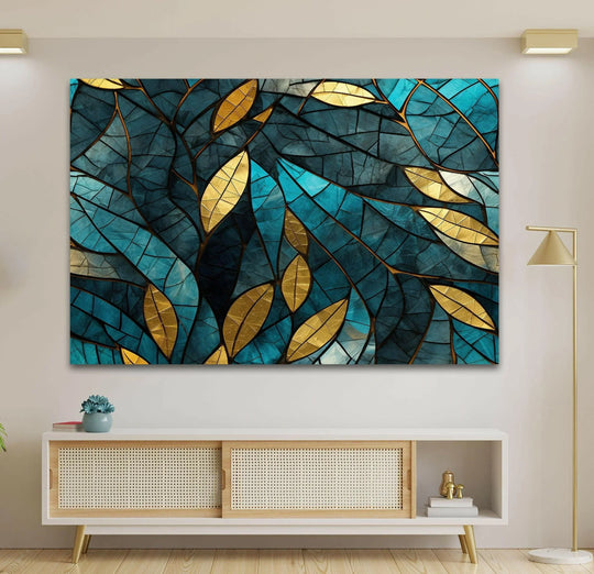 Stained glass wall art blue and gold leaves motif and nature theme plus timeless design on display as wall decor
