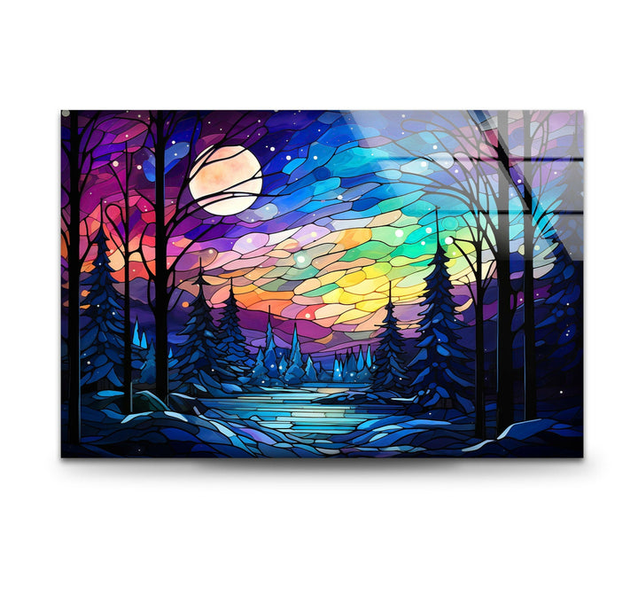 Colorful stained glass artwork depicting a serene winter landscape, perfect for any modern decor.
