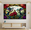 a stained glass window with two hummingbirds on it