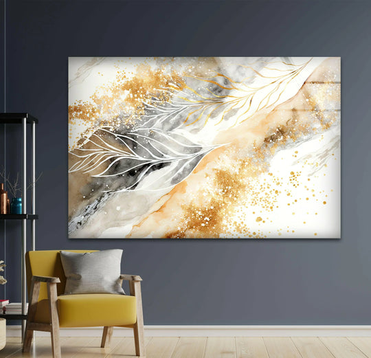 Elegant decorative wall art featuring abstract gold leaf geometric patterns and flowing organic lines.