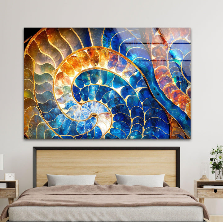 Blue & Orange Shell Glass Wall Art custom glass pictures, glass art prints